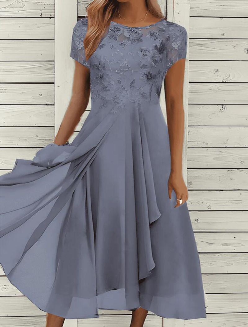 Damen nan elegantes Chiffon-Midikleid mit floraler Spitzenapplikation und fließendem Tellerrock EB