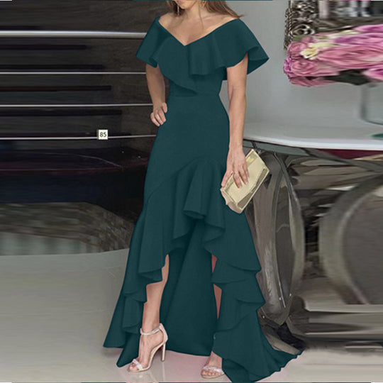 Damen Maxikleid mit voluminösen Rüschen und schulterfreiem Design EB