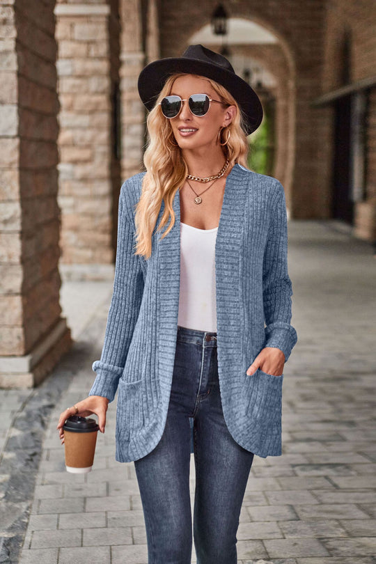 Damen nan langer gerippter Cardigan mit aufgesetzten Taschen und offener Front EB