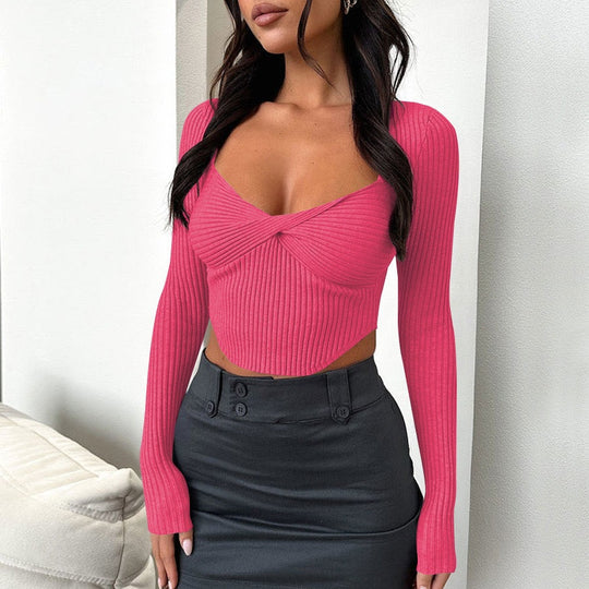 Damen Cropped Pullover mit schmalem Schnitt und Wickeldesign EB