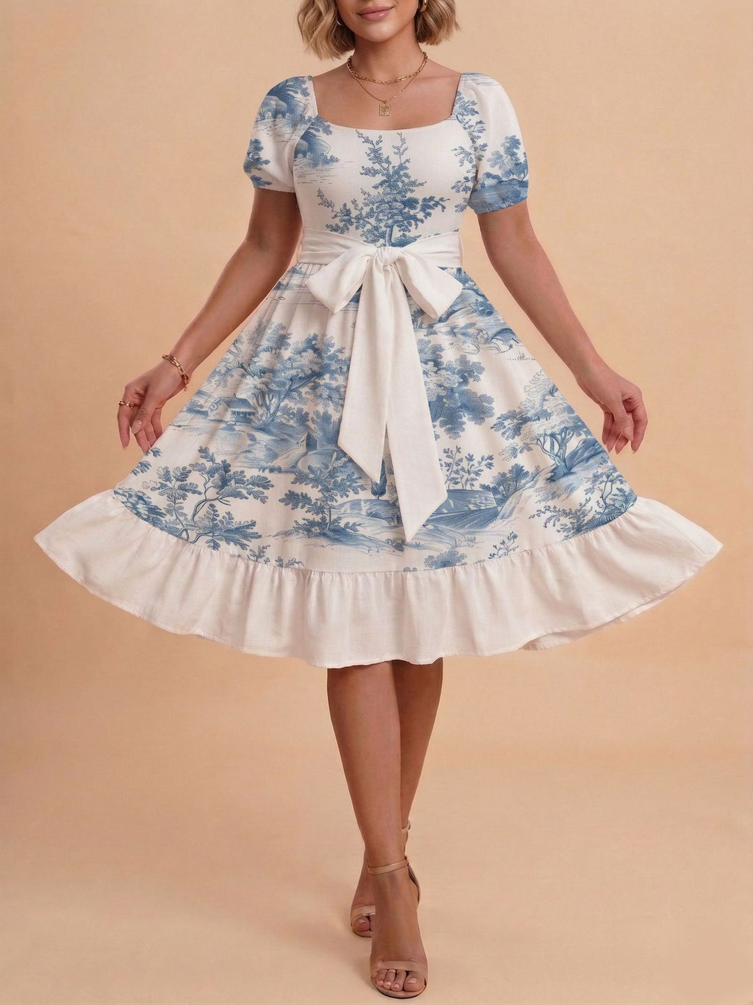 Damen Retro Maxikleid mit Puffärmeln und Taillengürtel EB