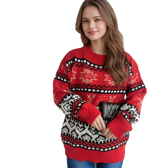 Damen festlicher Strickpullover mit weihnachtlichem Rentier-Motiv und detailreicher Musterung EB