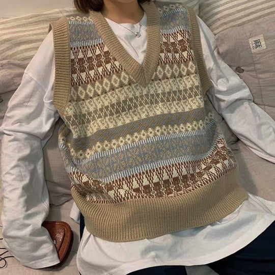 Damen Ärmellose Strickweste mit V-Ausschnitt und Muster EB