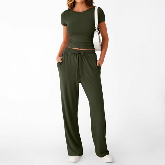 Damen lässiger Freizeitanzug mit kurzen Ärmel und weiten Hosen EB