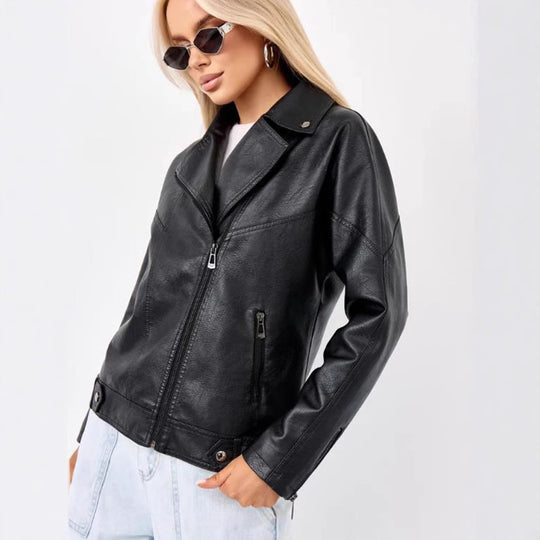 Damen hochwertige Kunstlederjacke im Biker-Stil mit asymmetrischem Reißverschluss EB