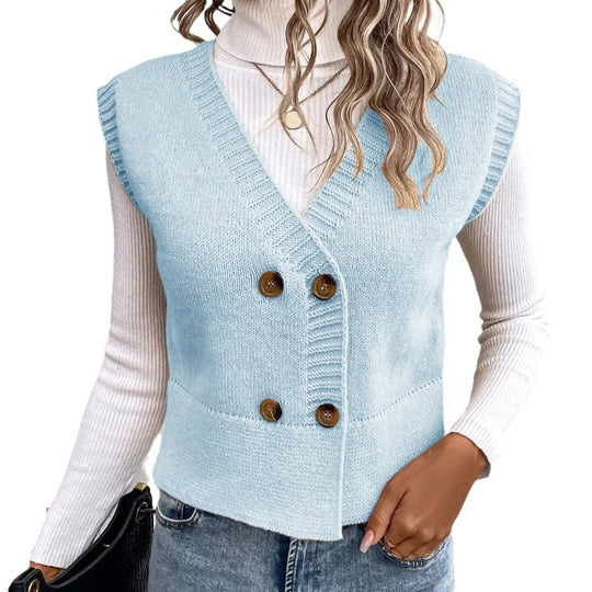 Damen Strickweste mit doppelter Knopfleiste und stylischem V-Ausschnitt EB