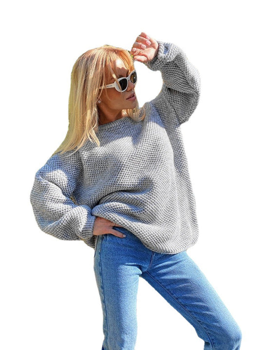 Damen luftiger Strickpullover mit lockerer Passform und voluminösen Ärmeln EB