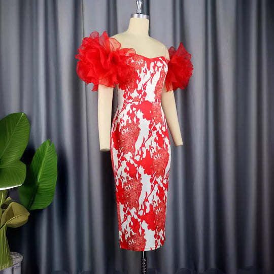Damen Etuikleid mit romantischen Blumenmustern und voluminösen Puffärmeln EB