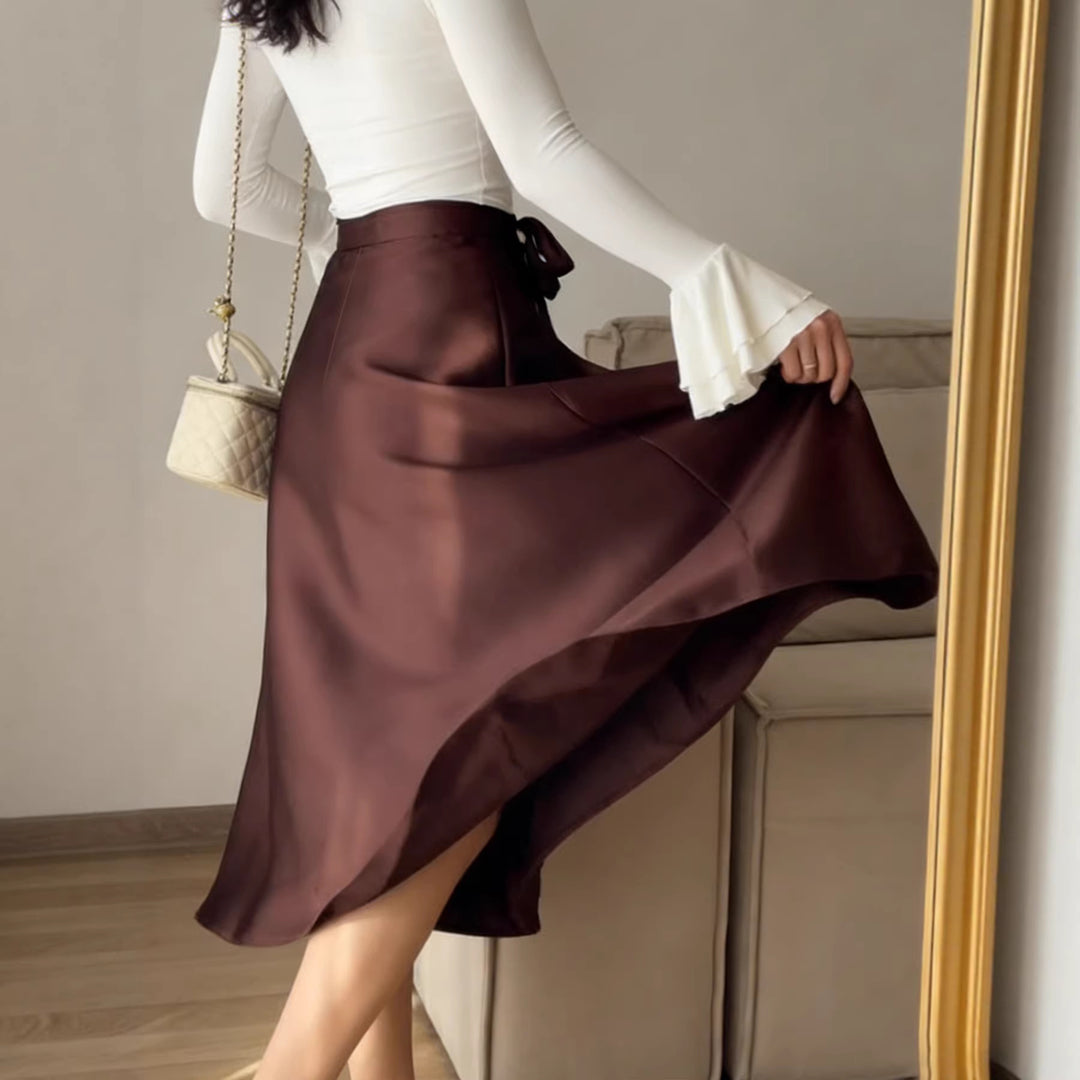 Damen Hochtaillierter A-Linien Midirock mit Bindegürtel und Satin-Finish EB