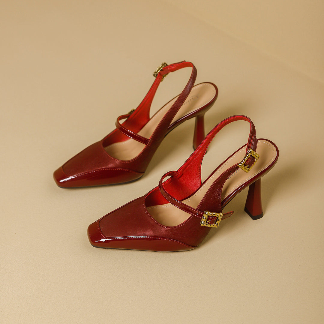 Damen Slingback-Pumps mit eleganter Quadratischer Spitze und glänzendem Riemendesign EB