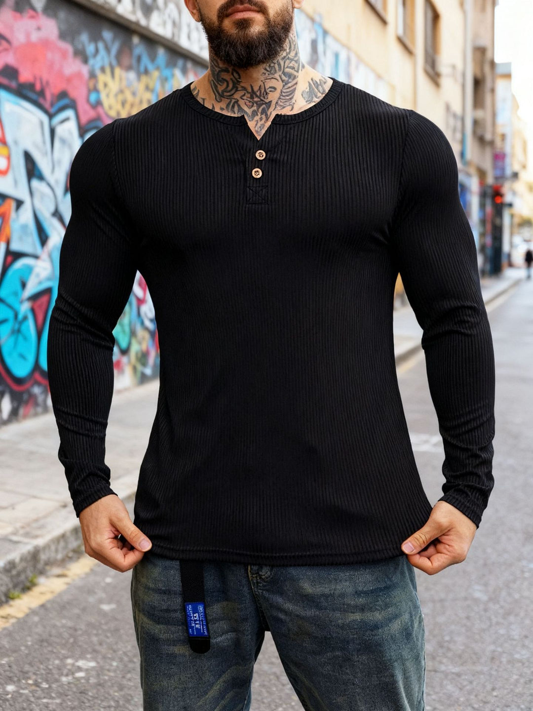 Herren nan geripptes Langarm-Henleyshirt mit flacher Knopfleiste und körperbetonter Stretch-Passform EB