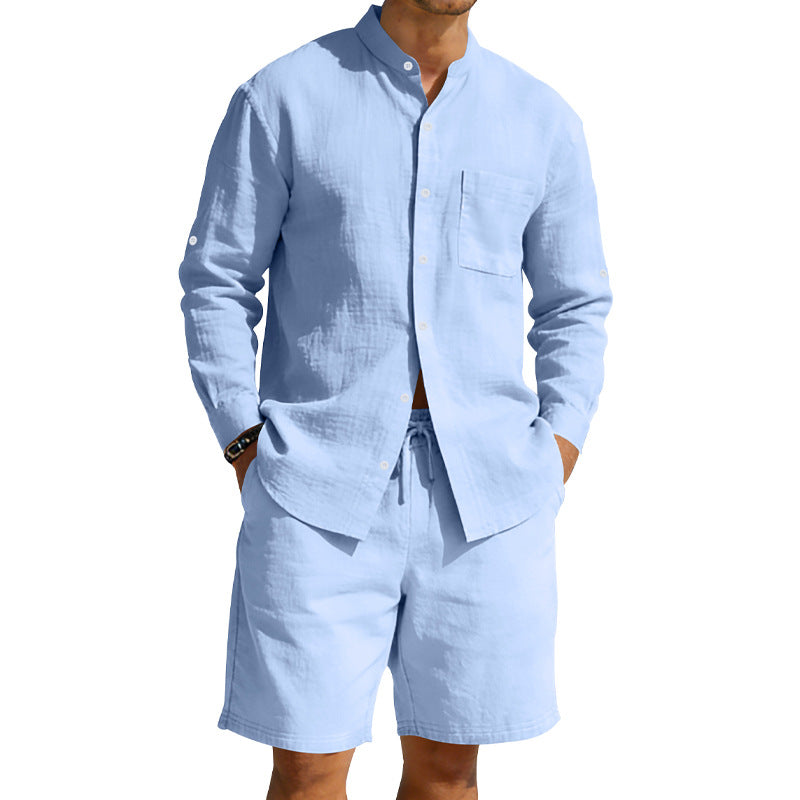 Herren nan sommerliches Leinen-Set mit Stehkragenhemd und Kordelzug-Kurzhose EB