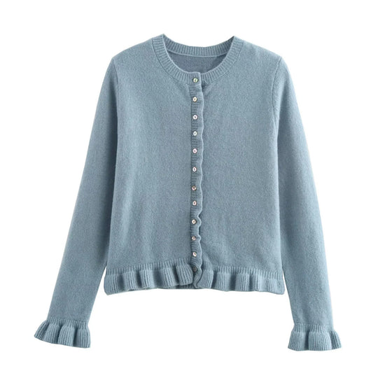 Damen Strickjacke mit dekorativem Rüschensaum und Knopfverschluss EB