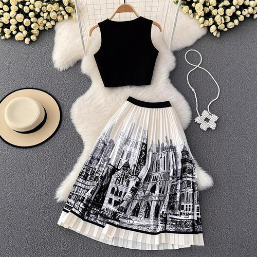 Damen-Set aus ärmellosem Crop-Top und weitschwingendem Maxirock im urbanen Design EB