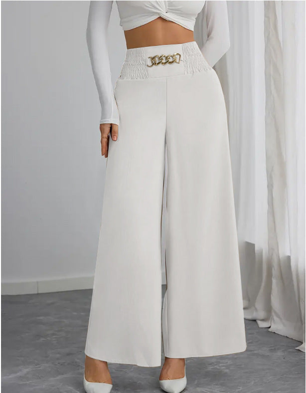 Damen Weite High-Waist Hose mit dekorativem Gummizug und modischem Gürtel EB