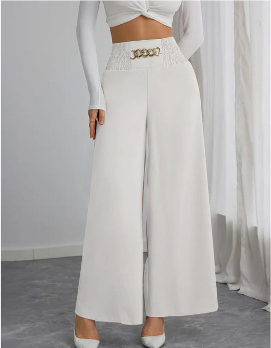 Damen Weite High-Waist Hose mit dekorativem Gummizug und modischem Gürtel EB