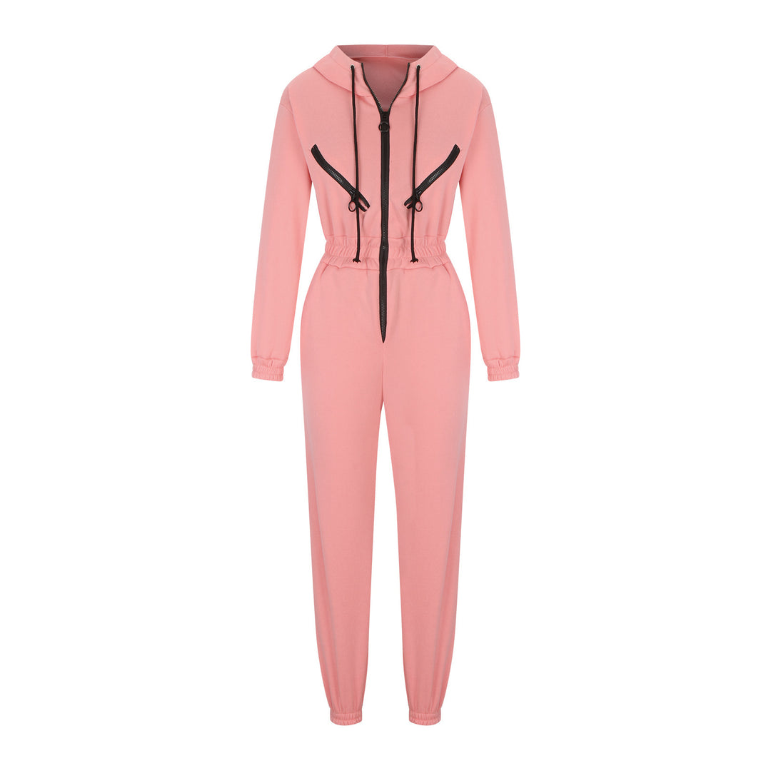 Damen taillierter Kapuzen-Jumpsuit mit elastischem Bund und markanten Kontrast-Reißverschlüssen EB