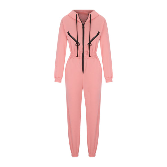 Damen taillierter Kapuzen-Jumpsuit mit elastischem Bund und markanten Kontrast-Reißverschlüssen EB