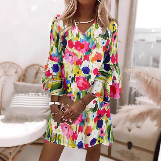 Damen Kurzes Kleid mit voluminösen Ärmeln und floralem Muster EB