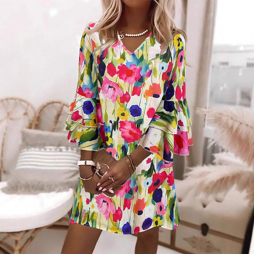 Damen Kurzes Kleid mit voluminösen Ärmeln und floralem Muster EB