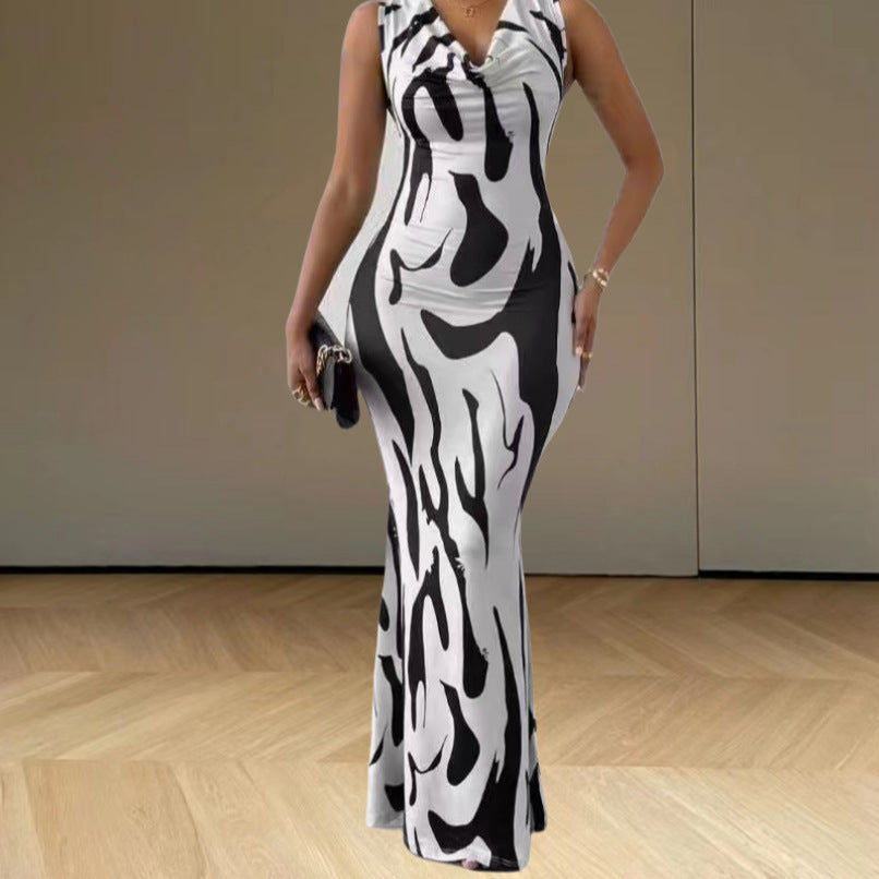 Damen elegantes Maxikleid mit figurbetontem Schnitt und trendigem Muster EB