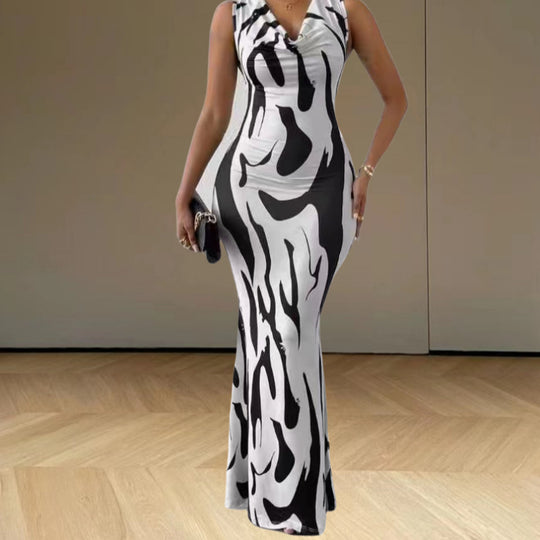 Damen elegantes Maxikleid mit figurbetontem Schnitt und trendigem Muster EB
