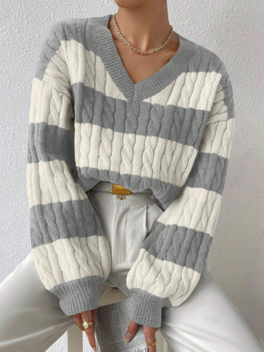 Damen V-Ausschnitt Strickpullover mit Rippstruktur und langen Ärmeln EB