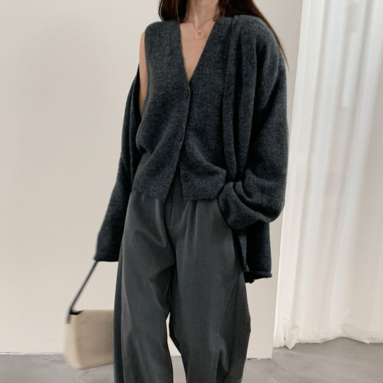 Damen Kuscheliger Strickcardigan mit großer Knopfleiste und Ballonärmeln EB
