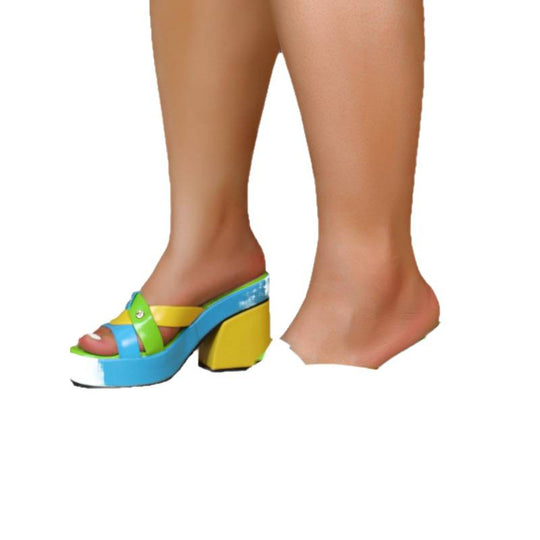 Damen modische Plateau-Sandalen mit breitem Fesselriemen und buntem Design EB