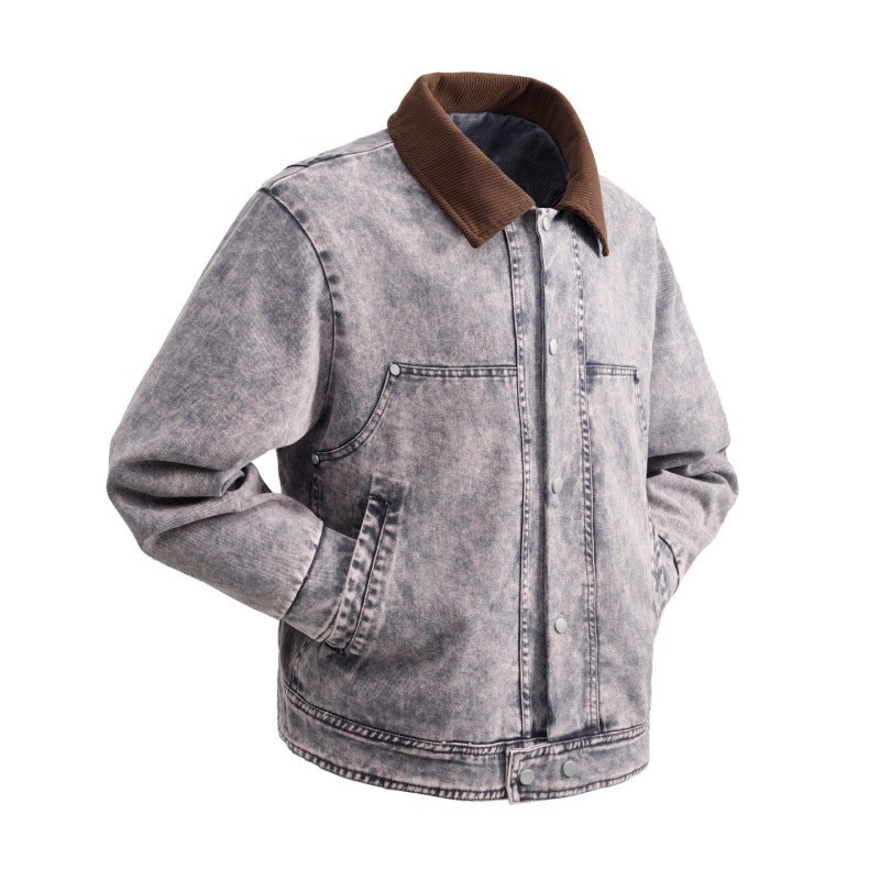 Herren wattierte Jeansjacke mit Cordkragen, Druckknopfleiste und praktischen Seitentaschen EB