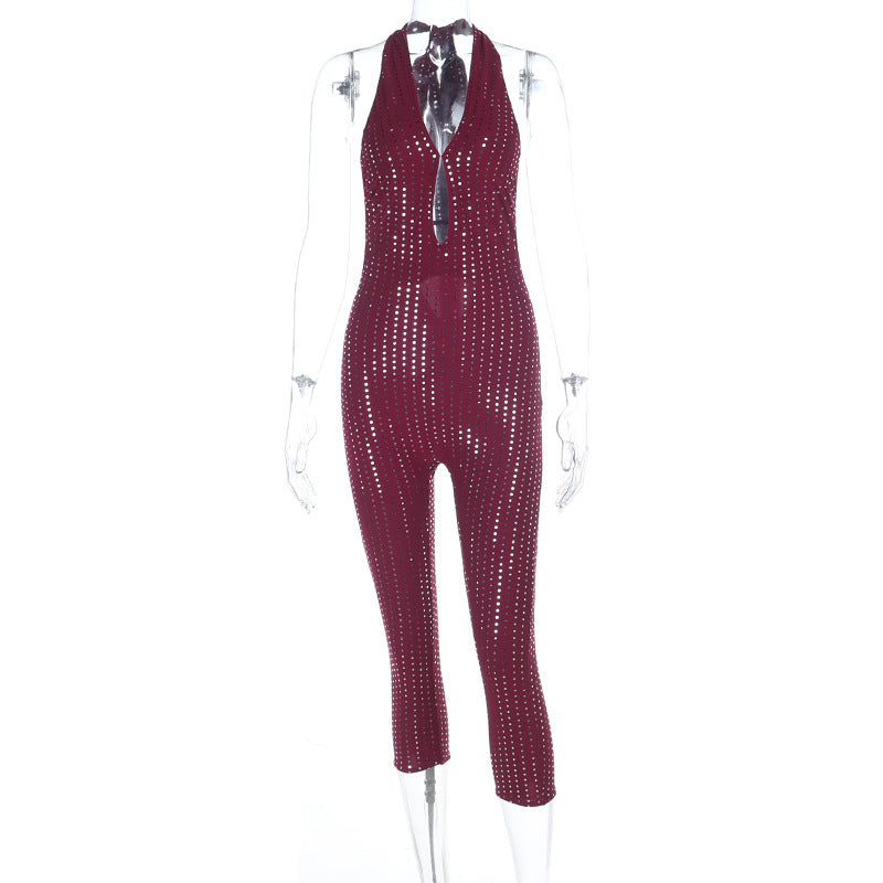 Damen modischer Netz-Jumpsuit mit tiefem Ausschnitt EB