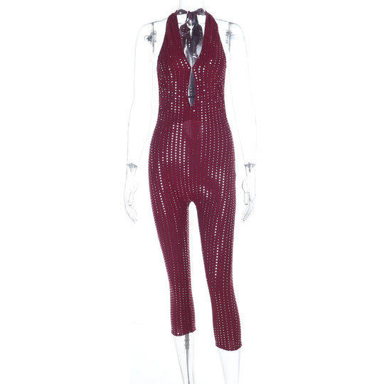 Damen modischer Netz-Jumpsuit mit tiefem Ausschnitt EB