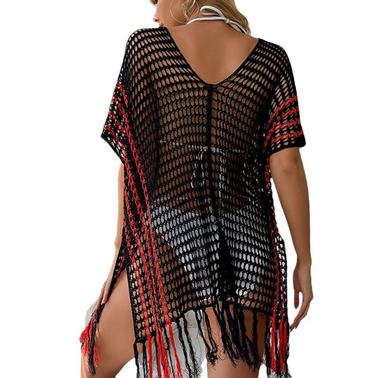 Damen luftiger Häkel-Strandüberwurf mit fransigen Details EB