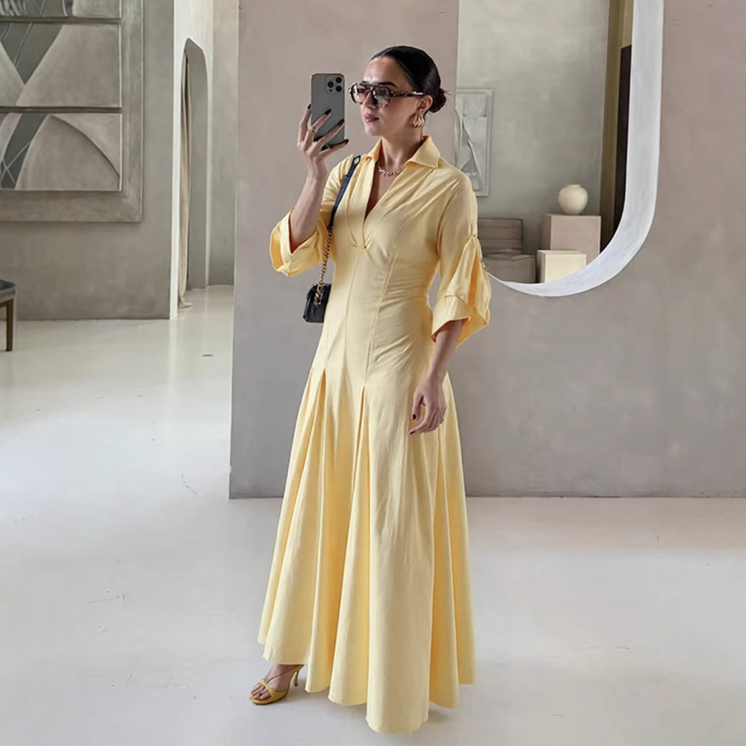 Damen Hemdblusenkleid mit elegantem V-Ausschnitt und weiten Ärmeln EB