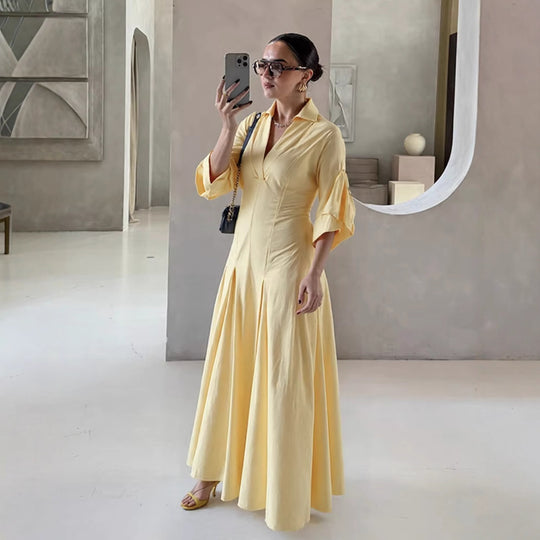 Damen Hemdblusenkleid mit elegantem V-Ausschnitt und weiten Ärmeln EB