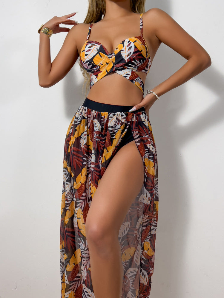 Damen Bikini-Set mit extravagantem Cut-Out und floralem Rock EB