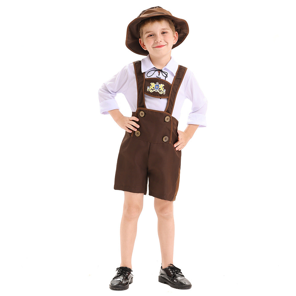Herren nan traditionelles Kinderlederhosen-Set mit verstellbaren Hosenträgern und Trachtenhut EB