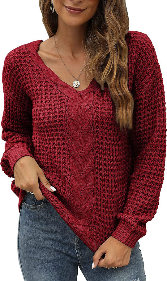 Damen lässiger Strickpullover mit tiefem V-Ausschnitt und detailliertem Zopfmuster EB