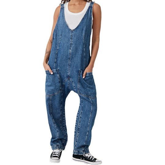 Damen lässiger Jumpsuit mit tiefem Ausschnitt und praktischen Taschen EB
