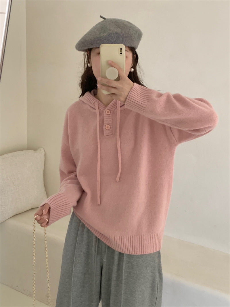 Damen Hoodie-Pullover mit Knöpfen und hohem Kragen EB