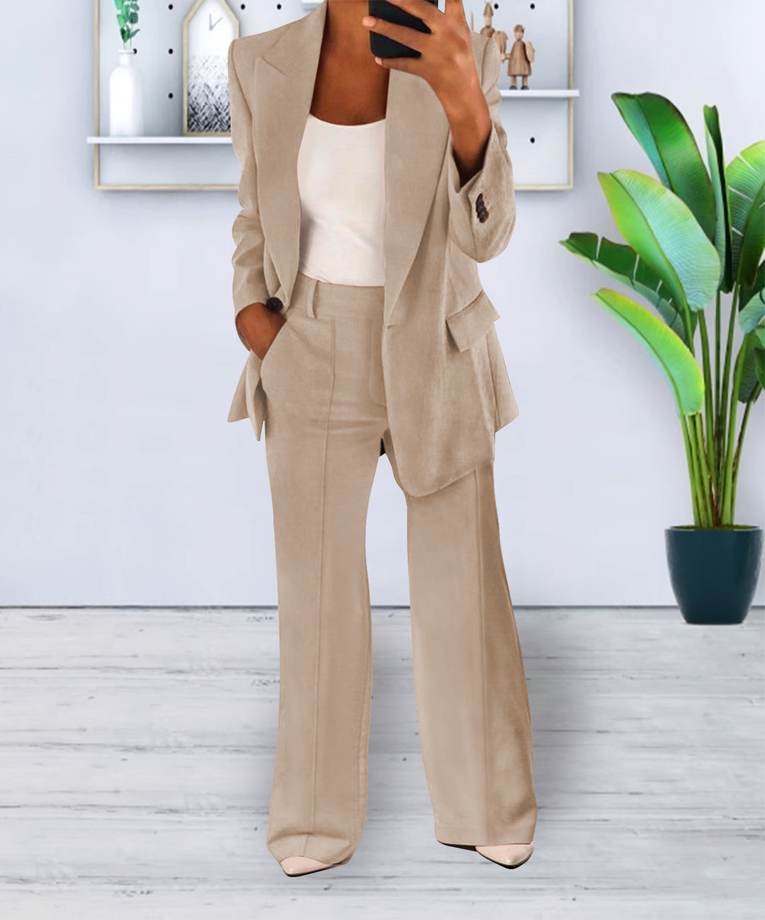 Damen Zweiteiliges Business-Casual Tailoring-Set mit Longline-Blazer und weitem Bundfalten-Hosenbein EB