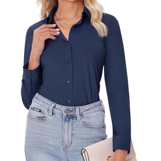 Damen Klassische Viskose-Stretch Hemdbluse mit Kentkragen und Manschetten EB