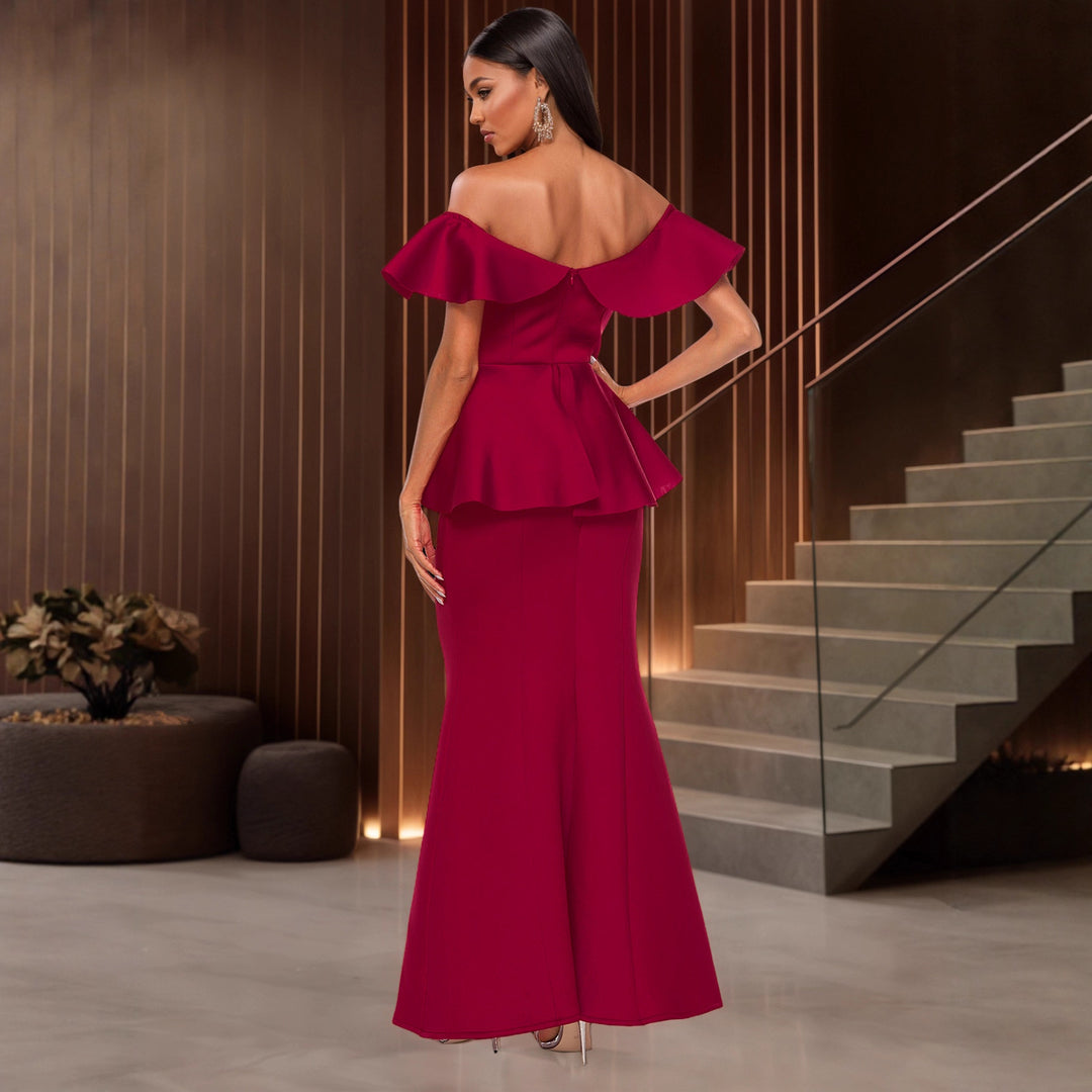 Damen elegantes Abendkleid mit schulterfreiem Design und voluminösem Saum EB