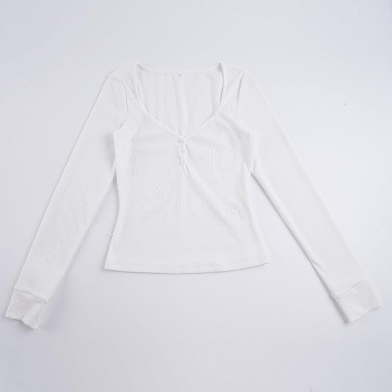 Damen nan figurbetontes geripptes Langarm-Henley-Top mit tiefem V-Ausschnitt und Knopfleiste EB