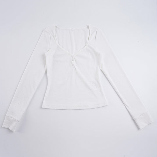 Damen nan figurbetontes geripptes Langarm-Henley-Top mit tiefem V-Ausschnitt und Knopfleiste EB