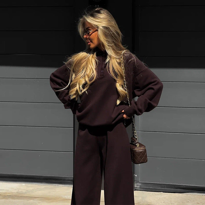 Damen Loungewear-Kombination mit lockerem Poloshirt und weitem Hosen EB