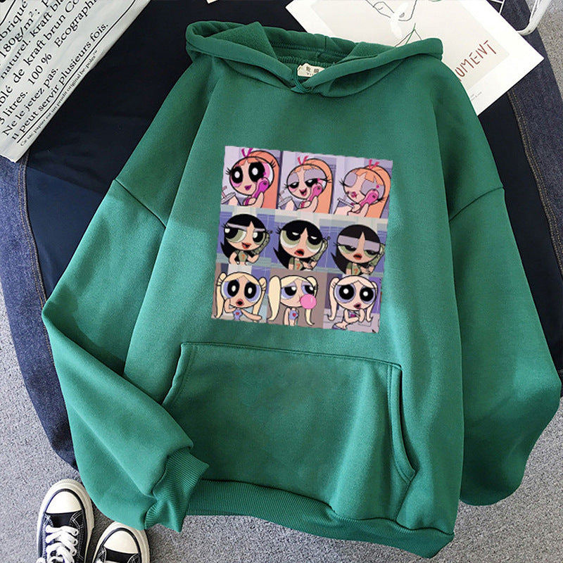 Damen nan lässiger Kapuzenpullover mit quadratischem Cartoon-Collageprint weiches Fleece Innenfutter und aufgesetzter Kängurutasche EB