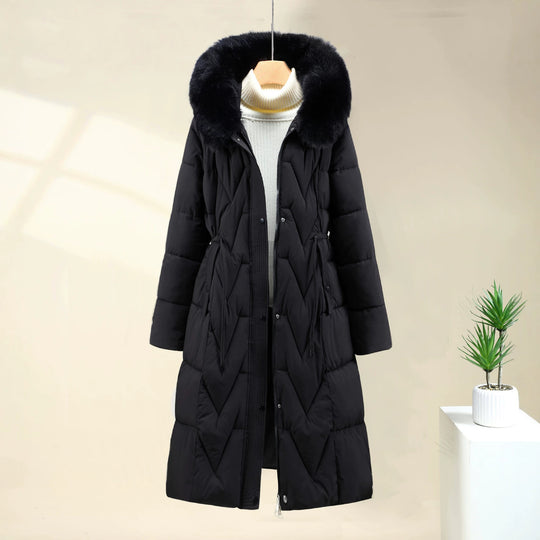 Damen nan langer gesteppter Parka mit voluminöser Kunstfellkapuze und taillierendem Kordelzug EB