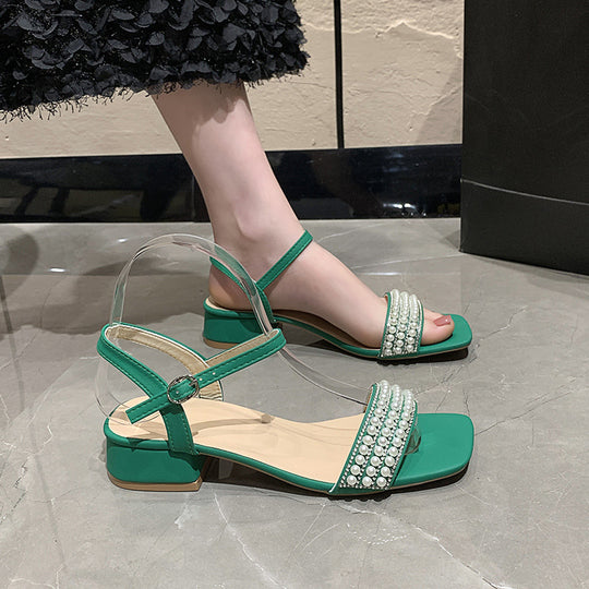 Damen elegante Sandalen mit Perlenverzierung und niedrigem Blockabsatz EB