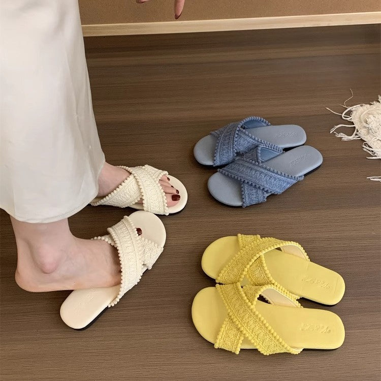 Damen elegante Hausschläppchen mit dekorativen Riemen und komfortablem Fußbett EB